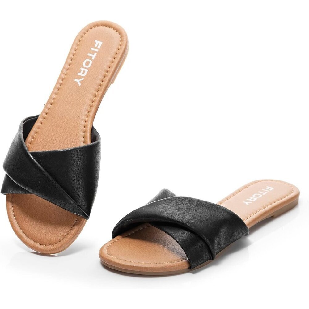 FITORY Women's Dark Synthesis Summer Soft Leather Cushioned Insole Flat Slides